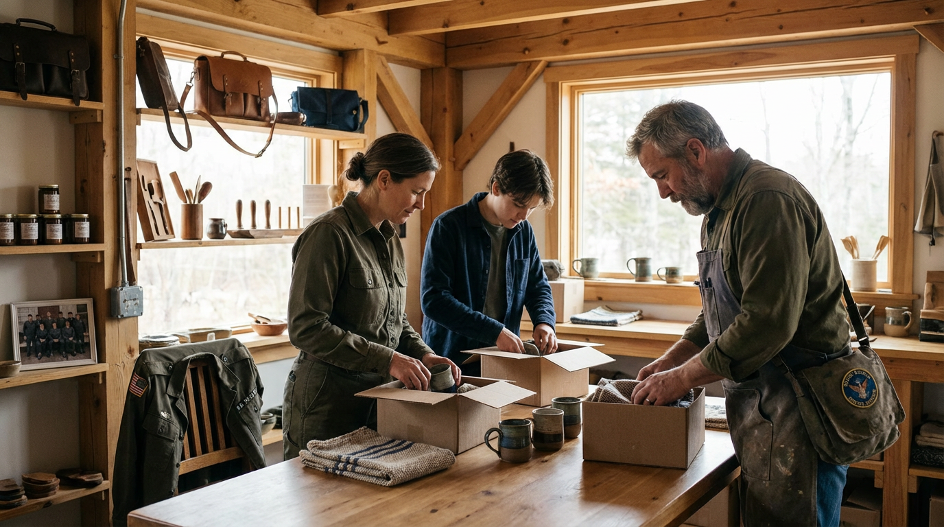 Veterans packing boxes of their handmade mugs