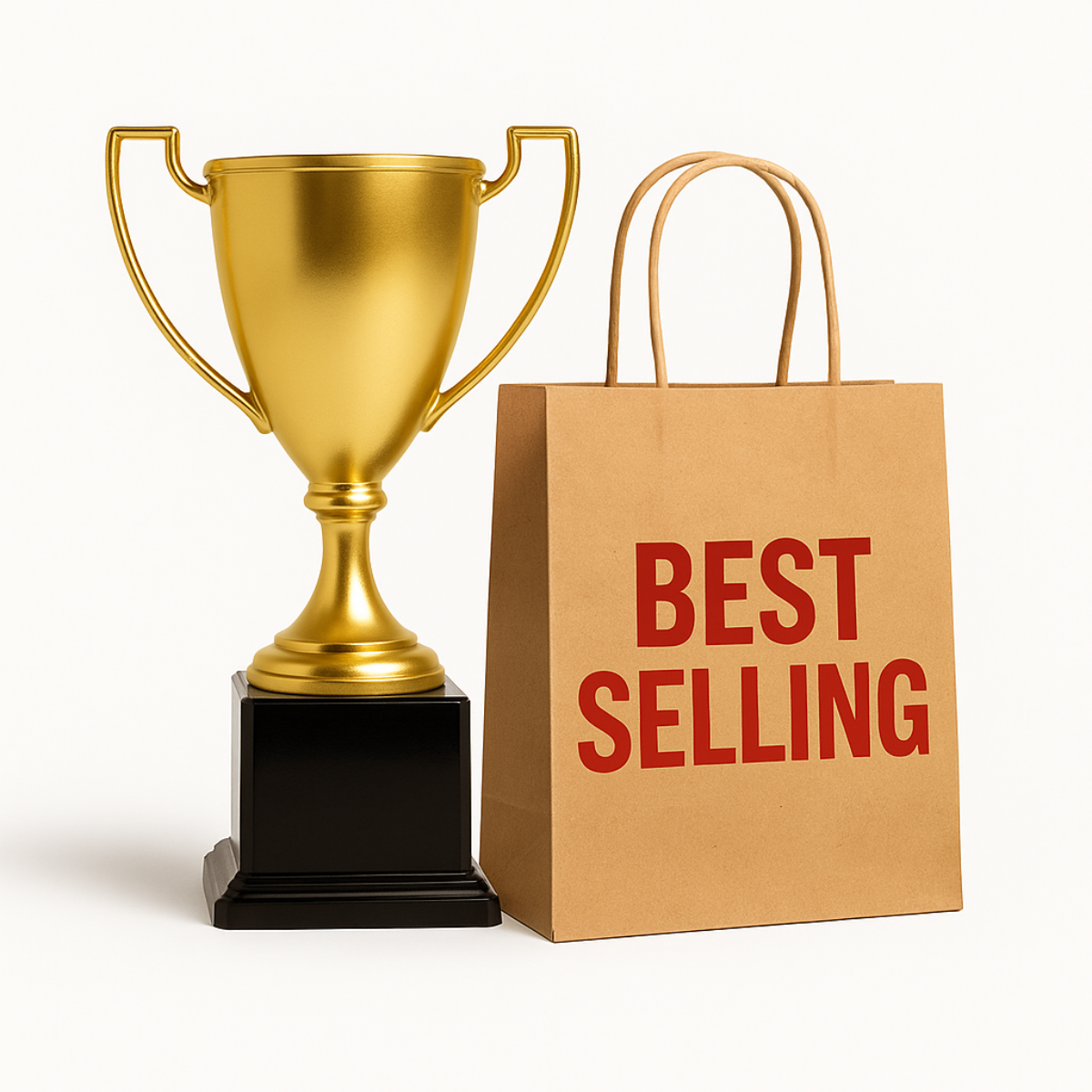 A trophy and a shopping bag which says Best Selling on it