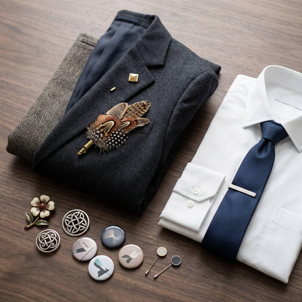 A shirt and tie with tie clip, a jacket with a feather brooch and lapel pins on a table