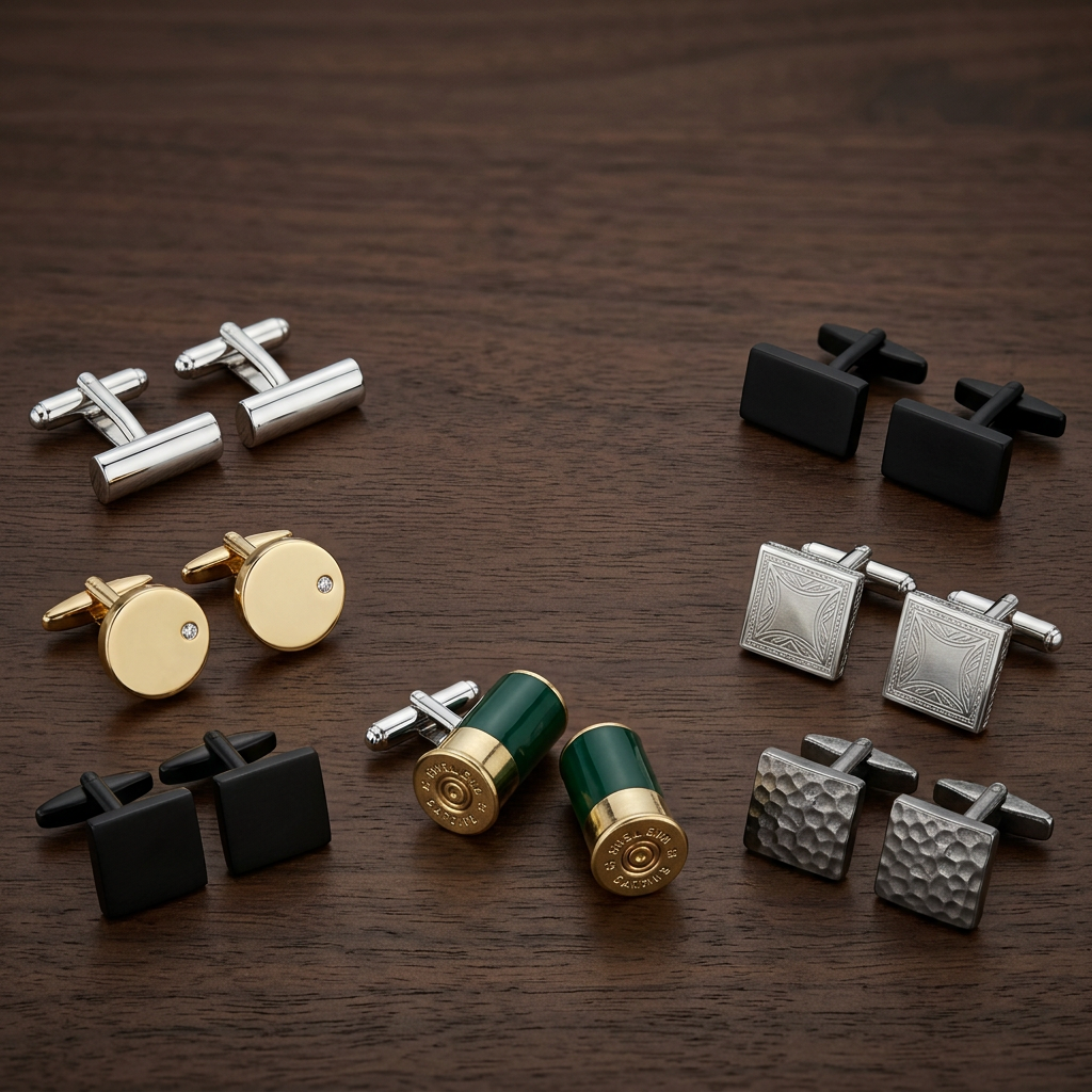 A selection of cufflinks on a table