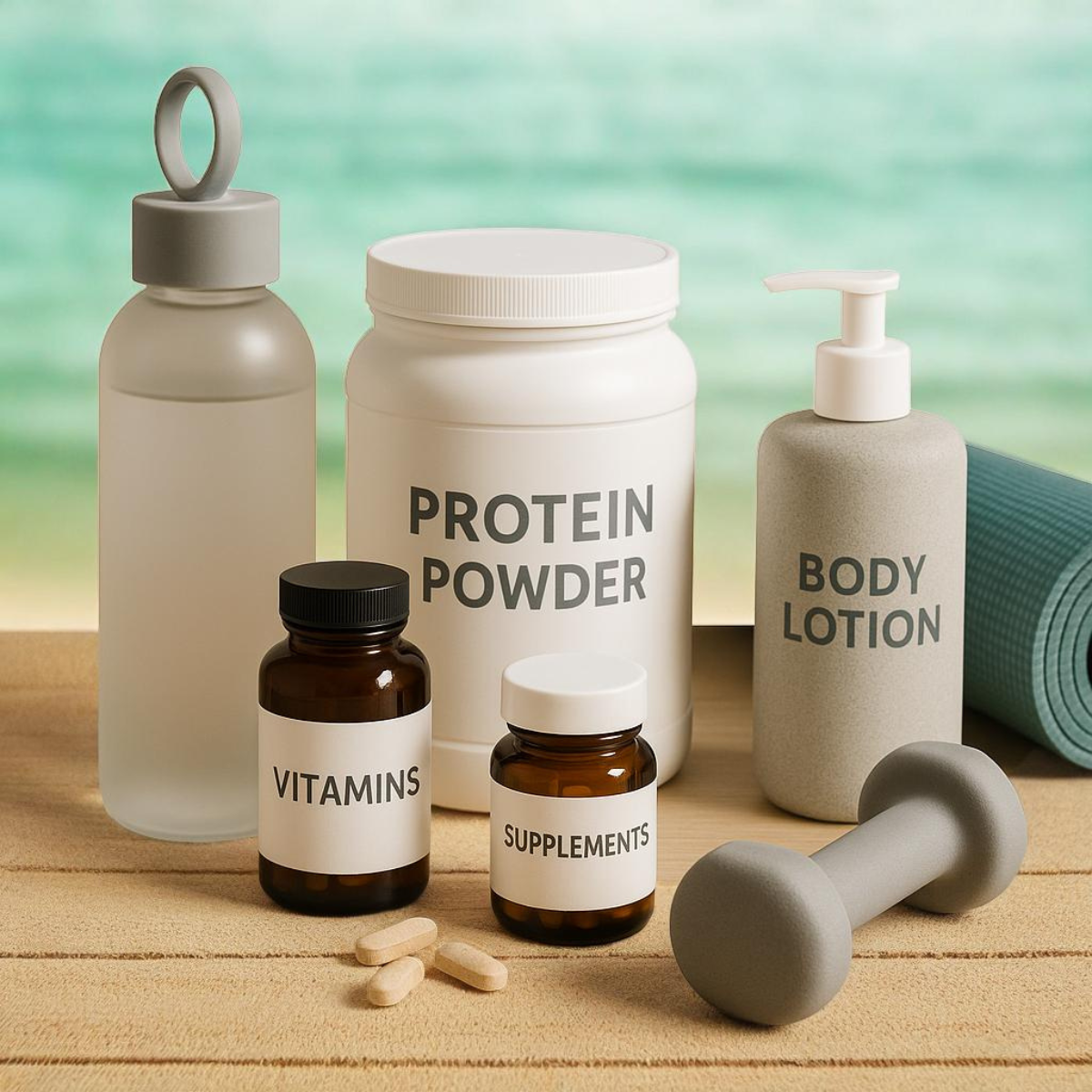 Health and wellbeing products on a table with a beautiful sea in the background