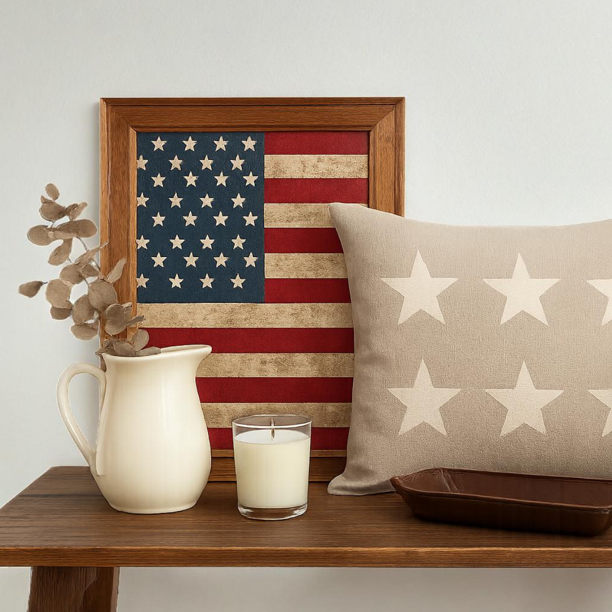 Art, cushion, ceramics and a candle on a table