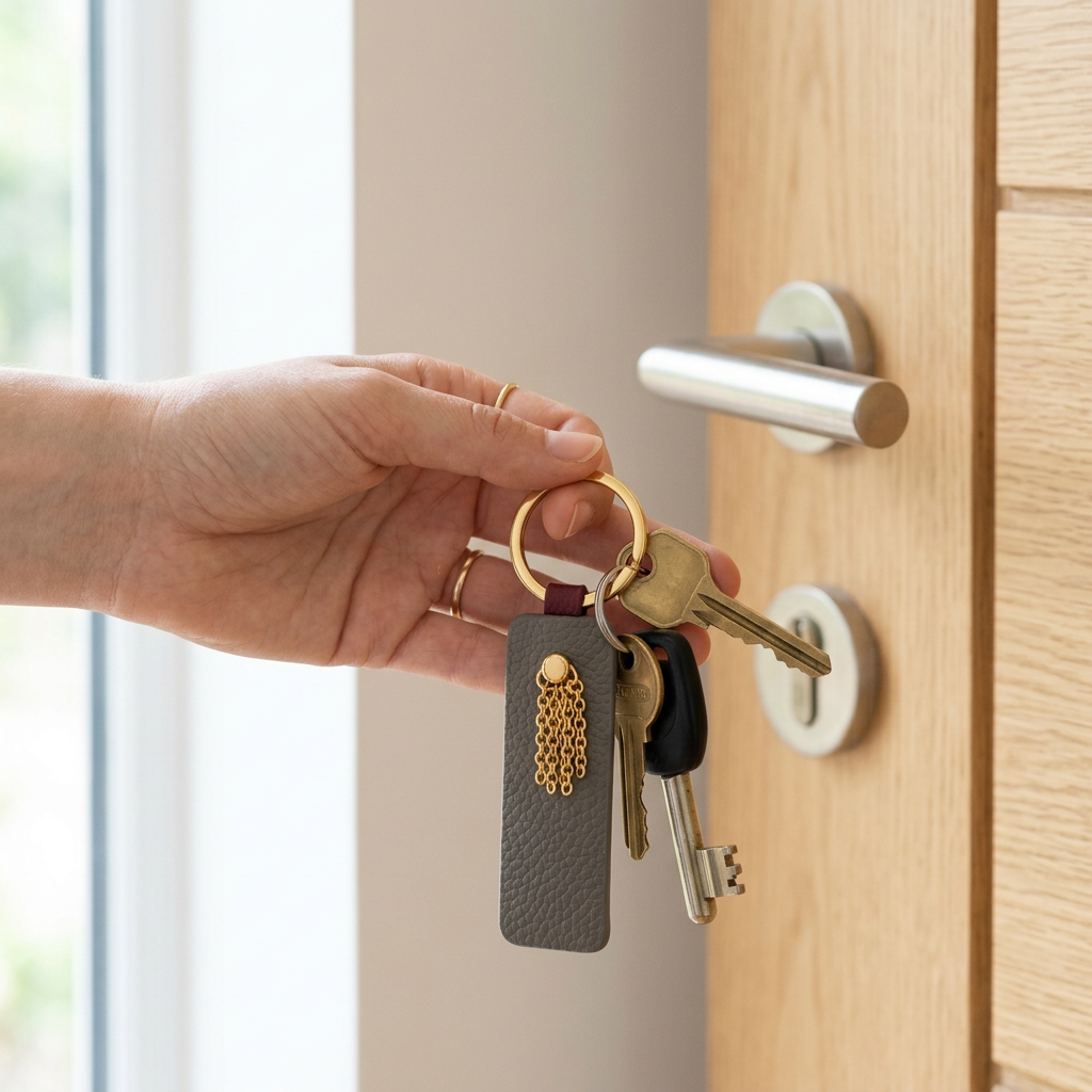 A handmade leather keychain on a bunch of keys, being put into a lock