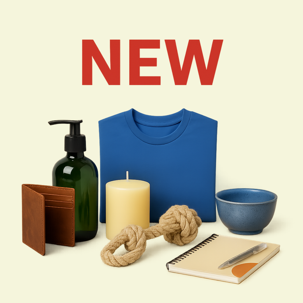 A collection of t-shirt, bottle, wallet, candle and notebook with 'New' written above.