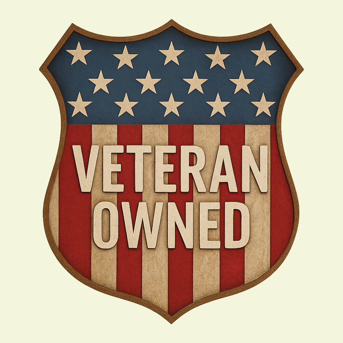 Shield with American flag background and Veteran Owned stamped across it.