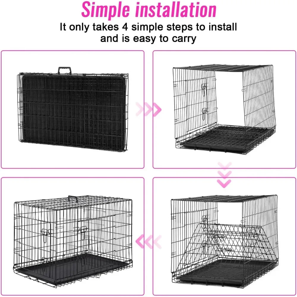 Dog Crate Dog Cage Pet Crate for Large Dogs Folding Metal Pet Cage Double Door W/Divider Panel Indoor Outdoor Dog Kennel