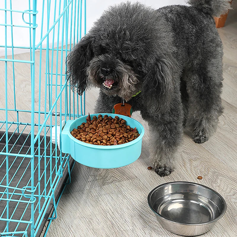 Removable/Hanging Crate Water or Food Bowl hanging on side of a dog crate with dog eating from it