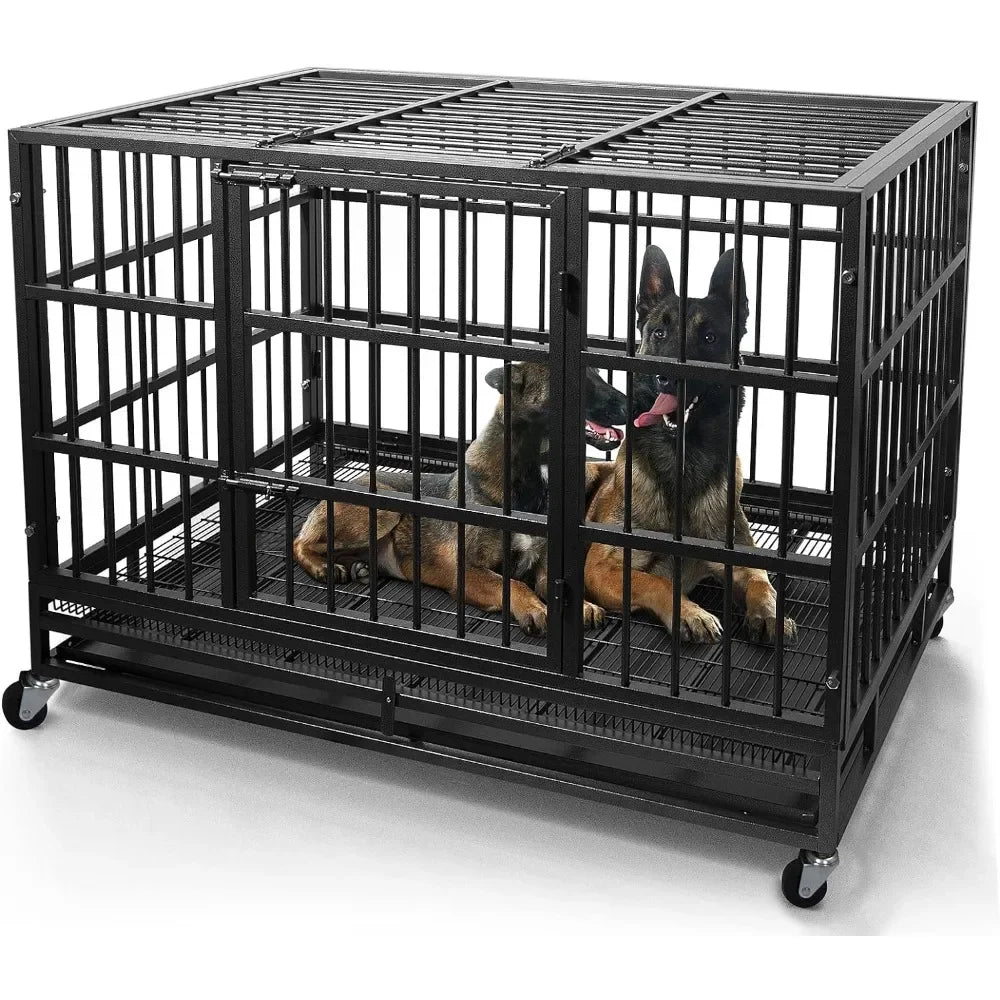 48/38 Inch Heavy Duty Dog Crate Cage Kennel with Wheels, Sturdy Locks Design, Double Door and Removable Tray, Extra Large XL XXL