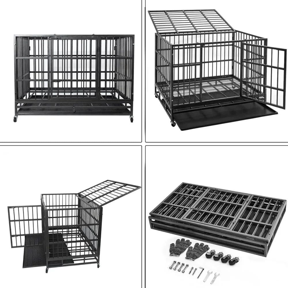 48/38 Inch Heavy Duty Dog Crate Cage Kennel with Wheels, Sturdy Locks Design, Double Door and Removable Tray, Extra Large XL XXL