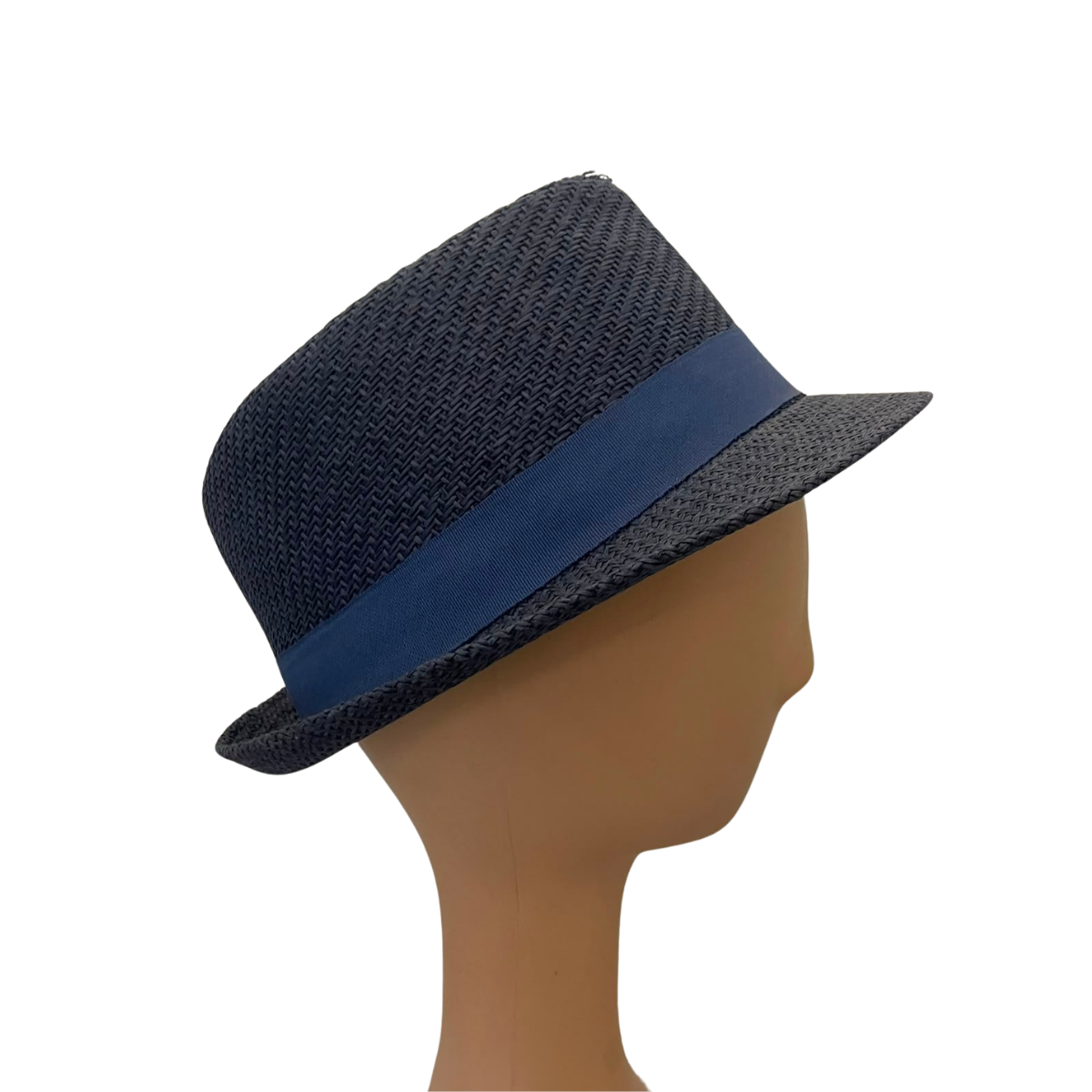 A dark navy blue woven fedora hat with a solid navy blue band, displayed on a tan mannequin head against a plain white background.