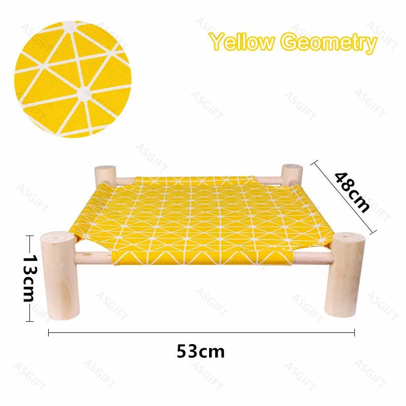 Elevated Hammock Wooden Frame Pet Bed yellow geometric