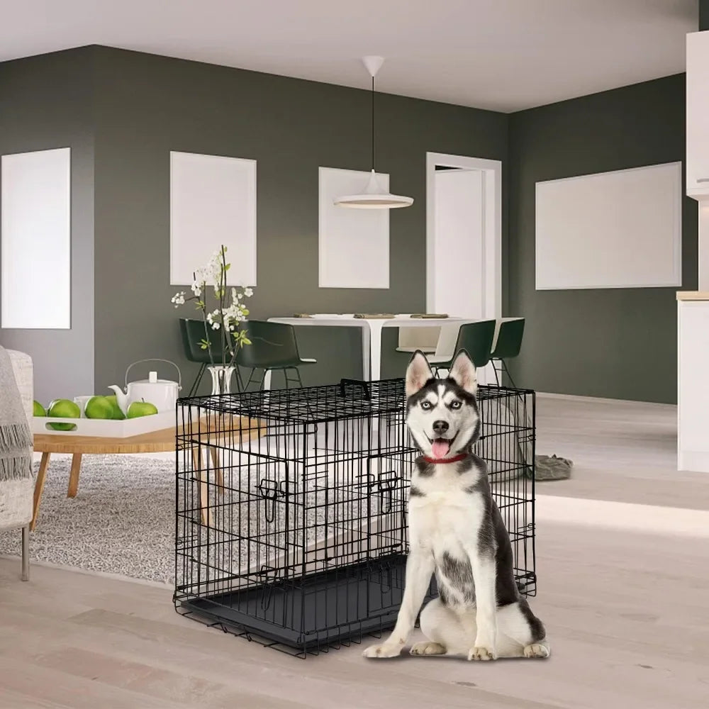 Dog Crate Dog Cage Pet Crate for Large Dogs Folding Metal Pet Cage Double Door W/Divider Panel Indoor Outdoor Dog Kennel