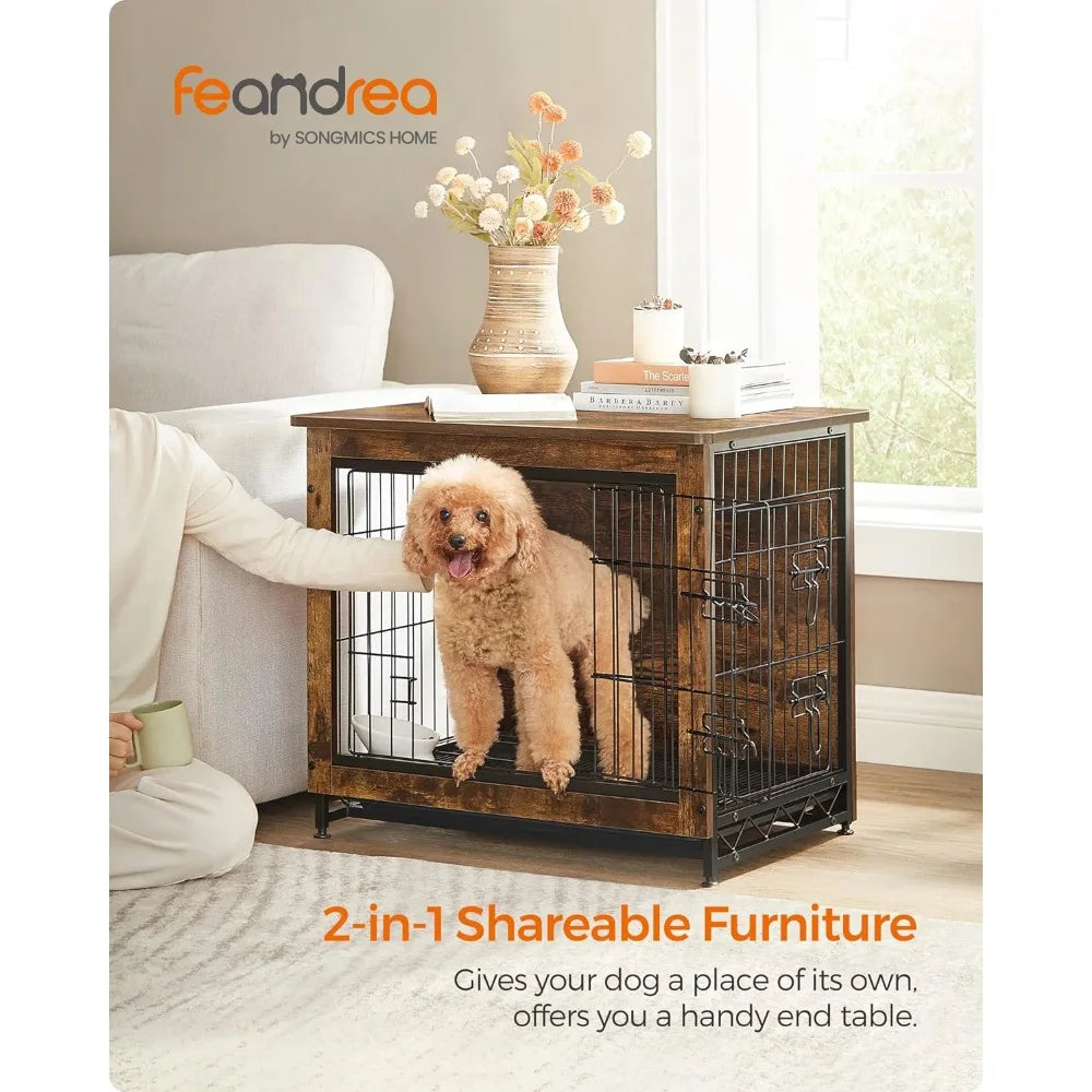 Dog Crate Furniture, Side End Table, Modern Kennel for Dogs Indoor up to 30 lb, Heavy-Duty Dog Cage,Double-Door, Rustic Brown