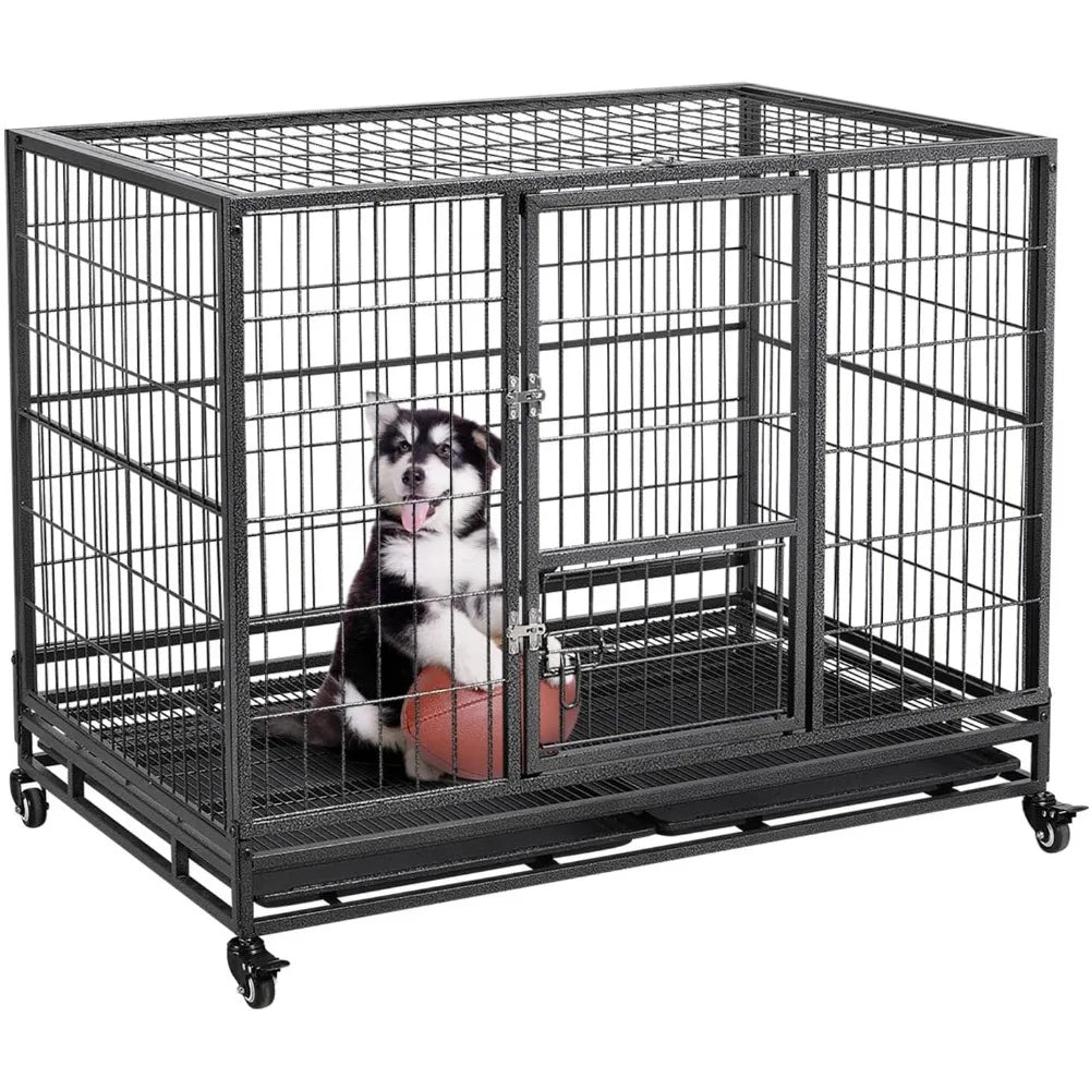 Stackable Dog Crate with Divider 43'' Rolling Heavy Duty Dog Cage with Open Top/ 2 Removable Trays for Small/Medium Dog