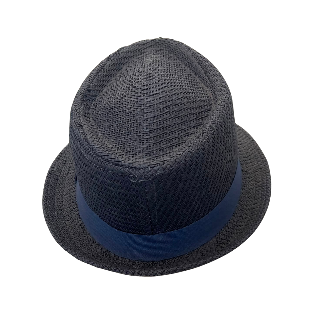 A dark gray woven fedora hat with a contrasting navy blue band, shown from a top-down view on a plain white background.