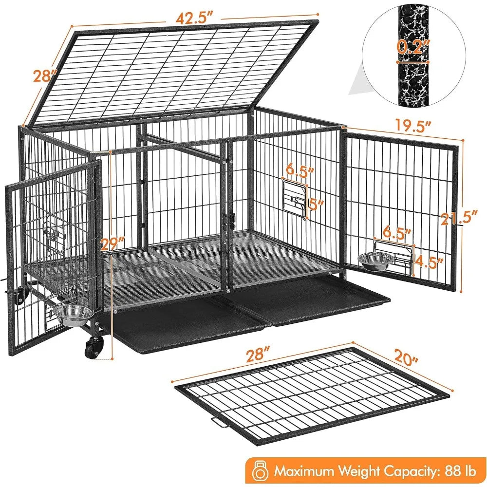 Stackable Dog Crate with Divider 43'' Rolling Heavy Duty Dog Cage with Open Top/ 2 Removable Trays for Small/Medium Dog