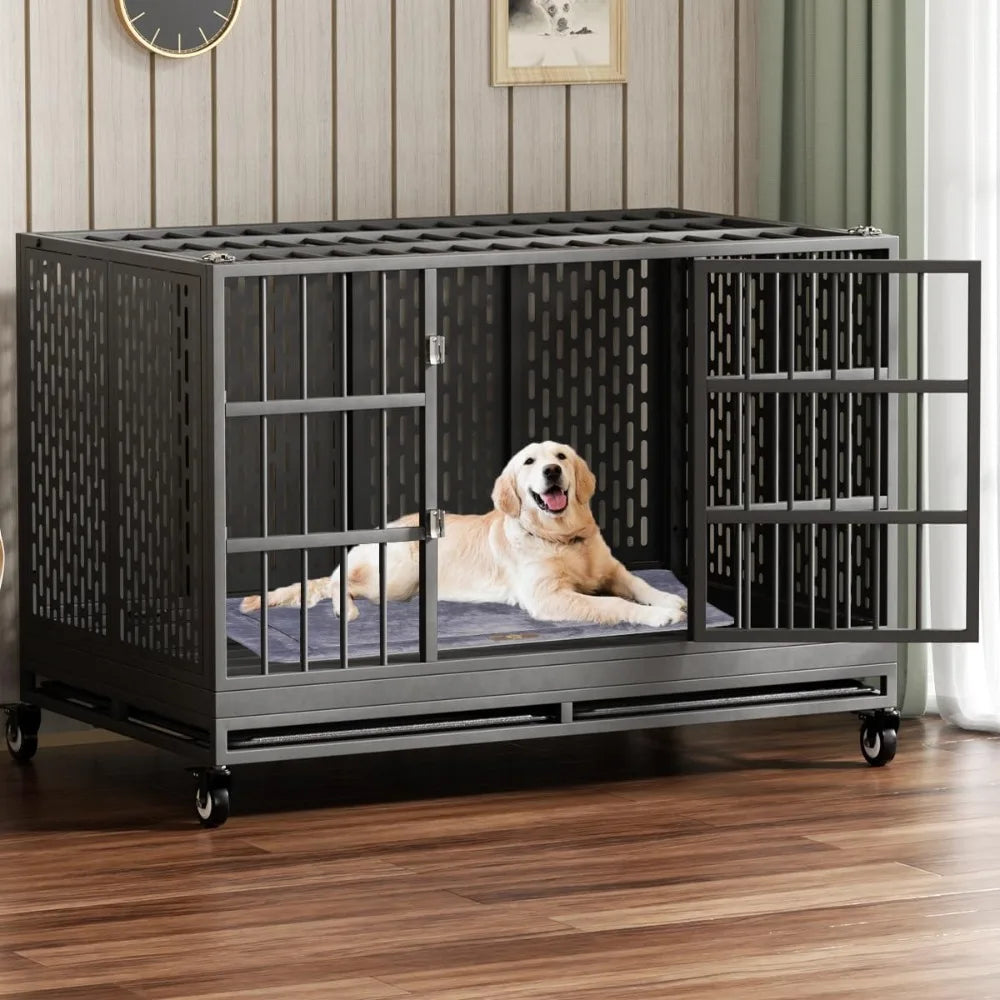 48 Inch Heavy Duty Dog Crate with Wheels, Folding Metal Big Dog Cage, Extra Large XL XXL Indestructible Dog Crate