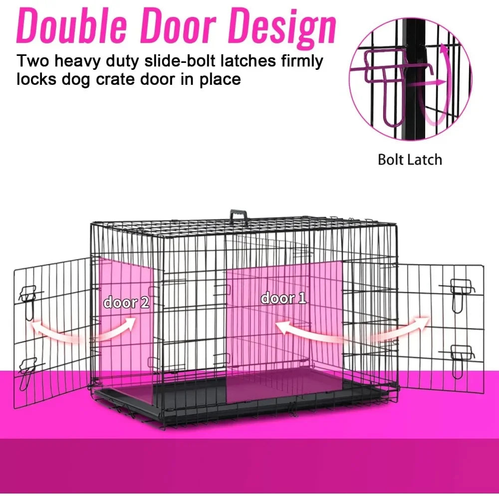 Dog Crate Dog Cage Pet Crate for Large Dogs Folding Metal Pet Cage Double Door W/Divider Panel Indoor Outdoor Dog Kennel