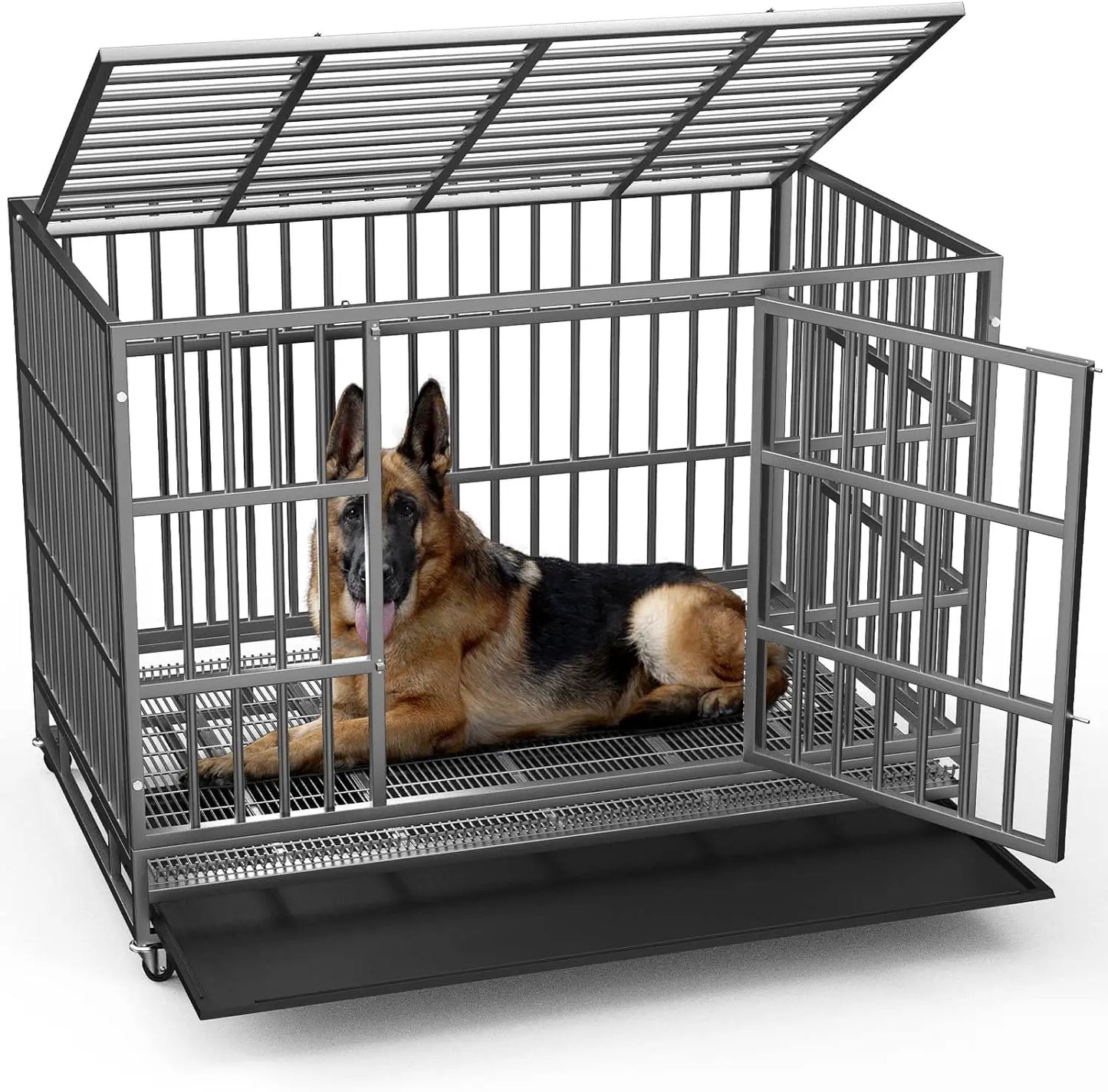 LEMBERI 48/38 inch Heavy Duty Indestructible Dog Crate, Escape Proof Dog Cage Kennel with Lockable Wheels