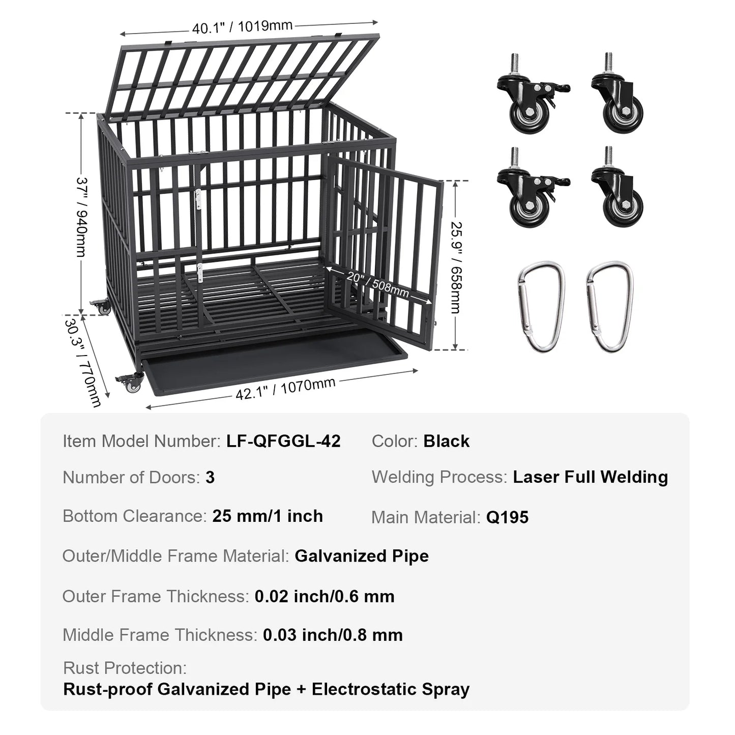 VEVOR 42 Inch Heavy Duty Dog Crate 3-Door Heavy Duty for Medium to Large Dogs with Lockable Wheels and Removable Tray