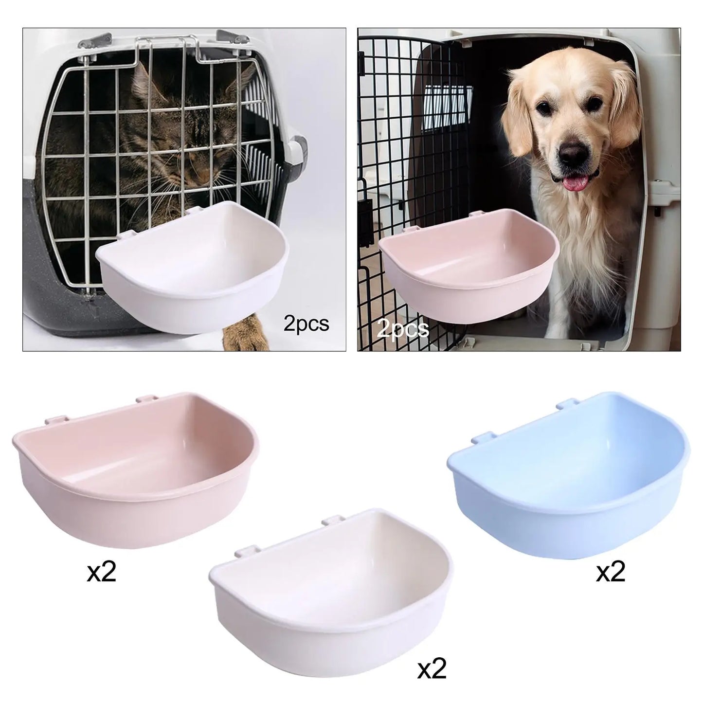 2Pcs Crate Dog Bowls for Wire Cages or Crates Multipurpose Travel Pet Carrier