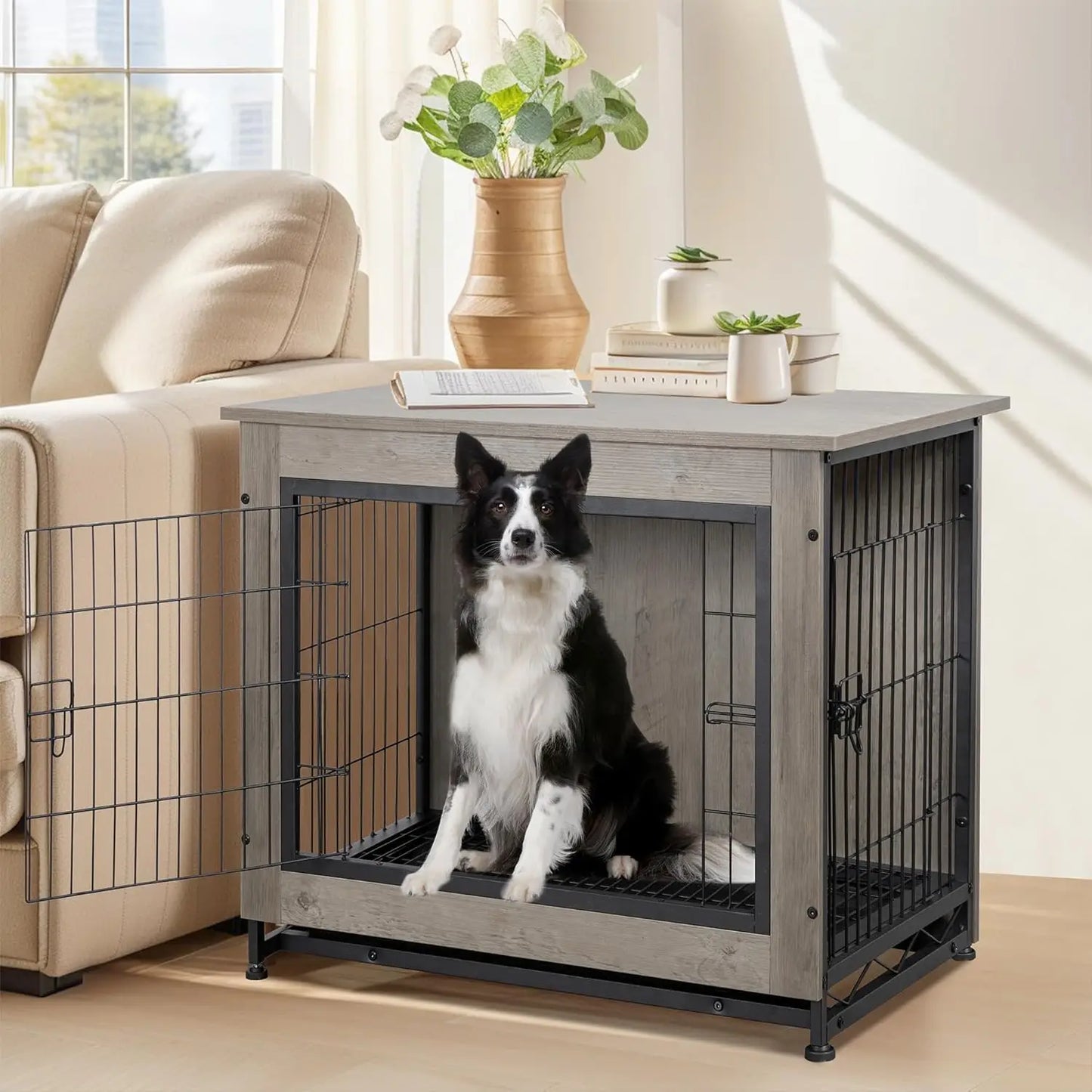 Shintenchi Wooden Dog Crate Furniture for Large Dog, L Double-Door Kennel Indoor with Removable Tray, End Table L Dog Crate for