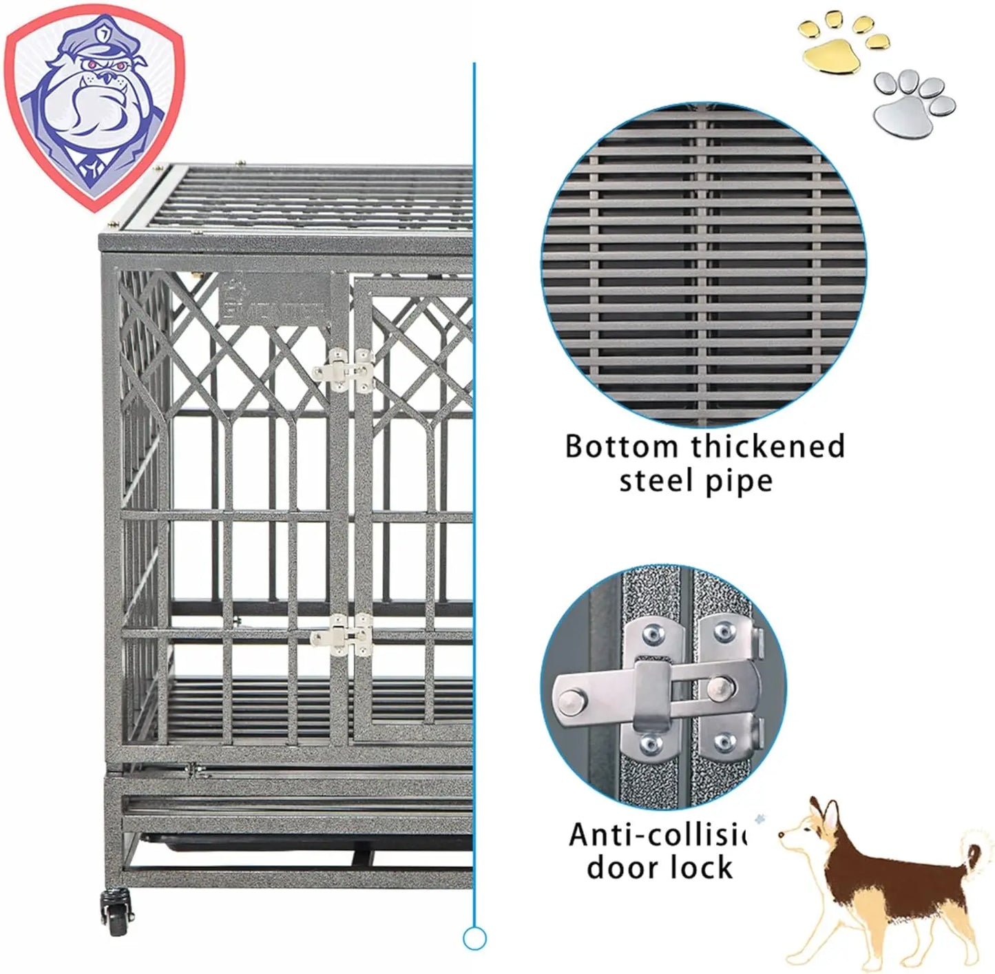 SMONTER Heavy Duty Dog Cage for Large Dog Strong Metal Kennel and Crate Pet Playpen with Three Doors, Four Wheels,38 Inch,