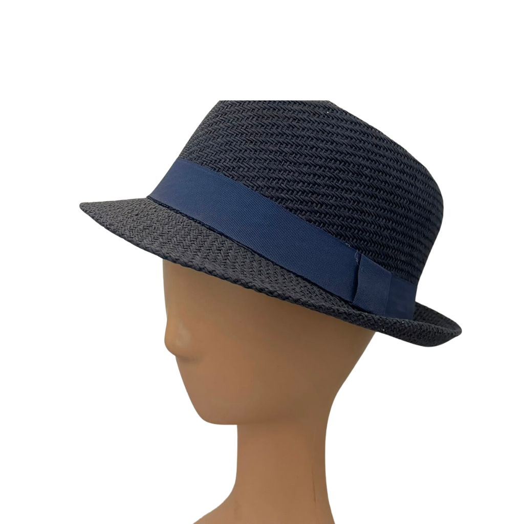 A dark navy blue woven fedora hat with a solid navy blue band, displayed on a tan mannequin head against a plain white background.