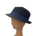 A dark navy blue woven fedora hat with a solid navy blue band, displayed on a tan mannequin head against a plain white background.