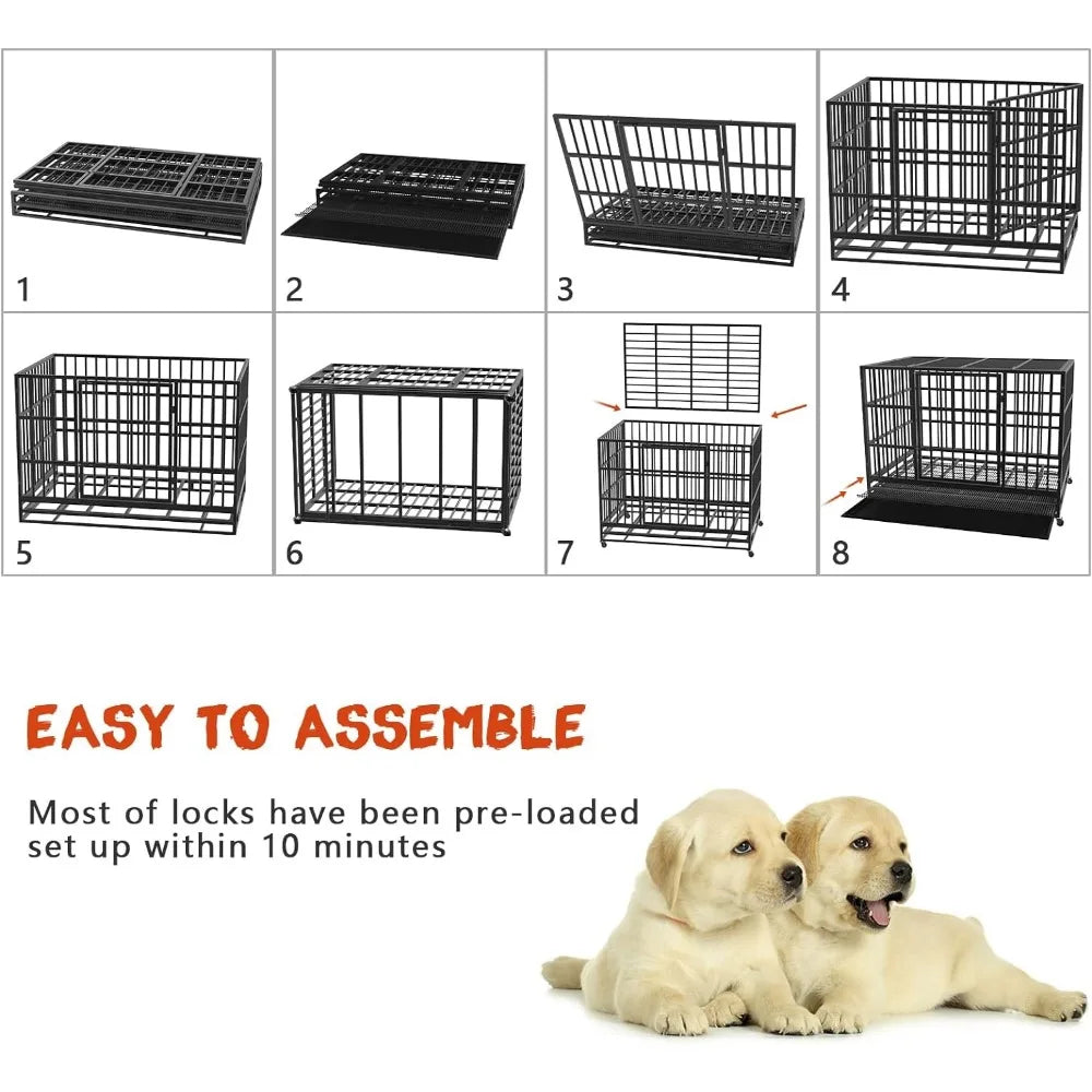 48/38 inch Heavy Duty Indestructible Dog Crate,Escape Proof Kennel with Lockable Wheels,High Anxiety,Extra Large Crate Indoor