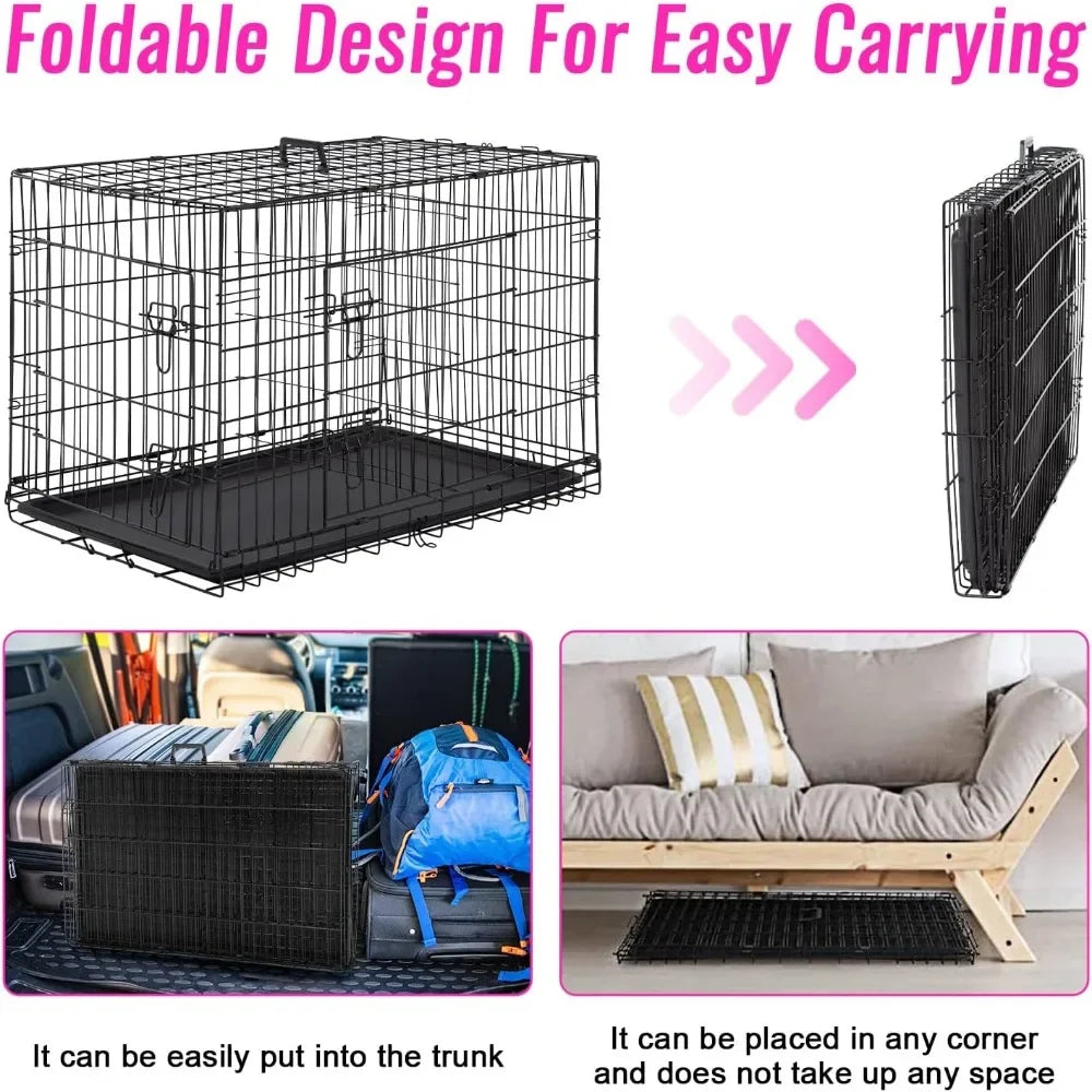 Dog Crate Dog Cage Pet Crate for Large Dogs Folding Metal Pet Cage Double Door W/Divider Panel Indoor Outdoor Dog Kennel