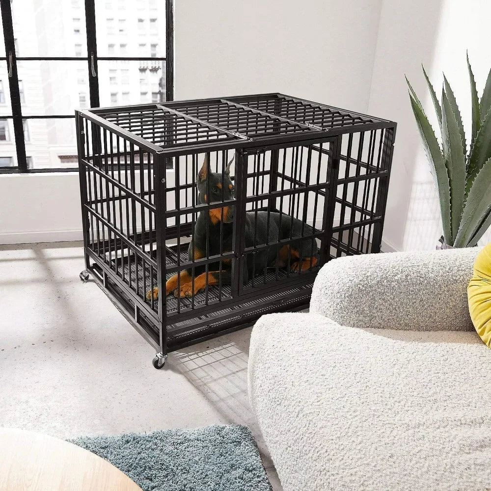 48/38 Inch Heavy Duty Dog Crate Cage Kennel with Wheels, Sturdy Locks Design, Double Door and Removable Tray, Extra Large XL XXL