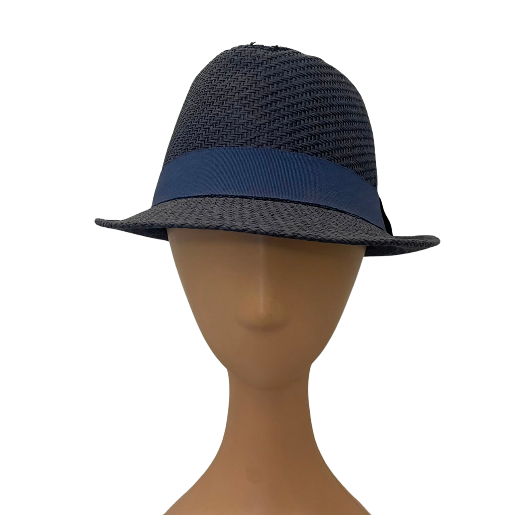 A dark navy blue woven fedora hat with a solid navy blue band, displayed on a tan mannequin head against a plain white background.