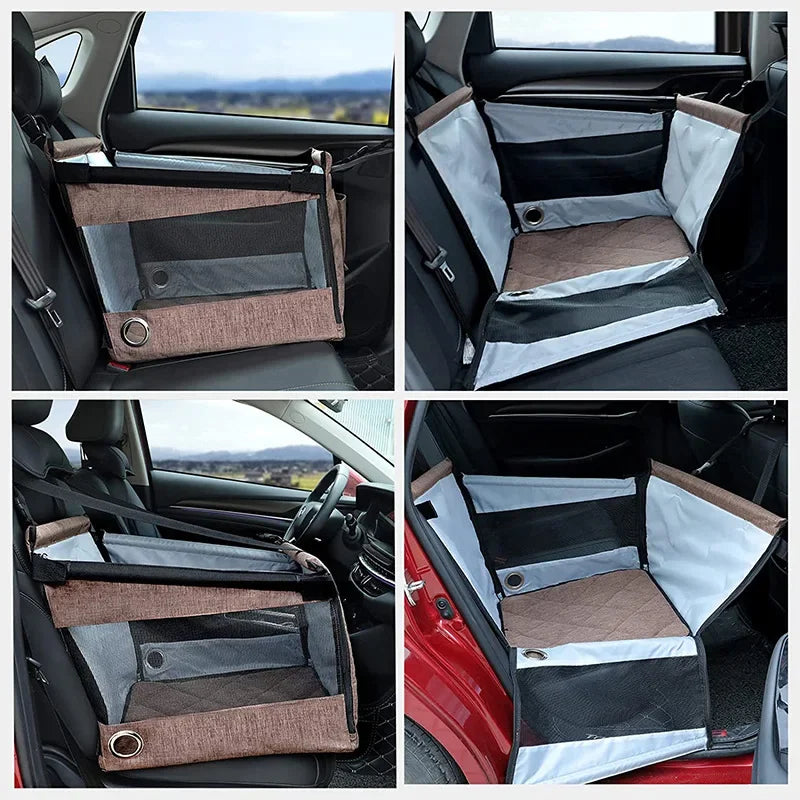 4 images of the Dog Travel Basket in Grey with the sides in different positions.