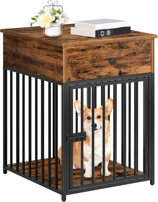 HOOBRO Dog Crate Furniture, Wooden Dog House, Decorative Dog Kennel with Drawer, Indoor Pet Crate End Table for Small Dog, Steel