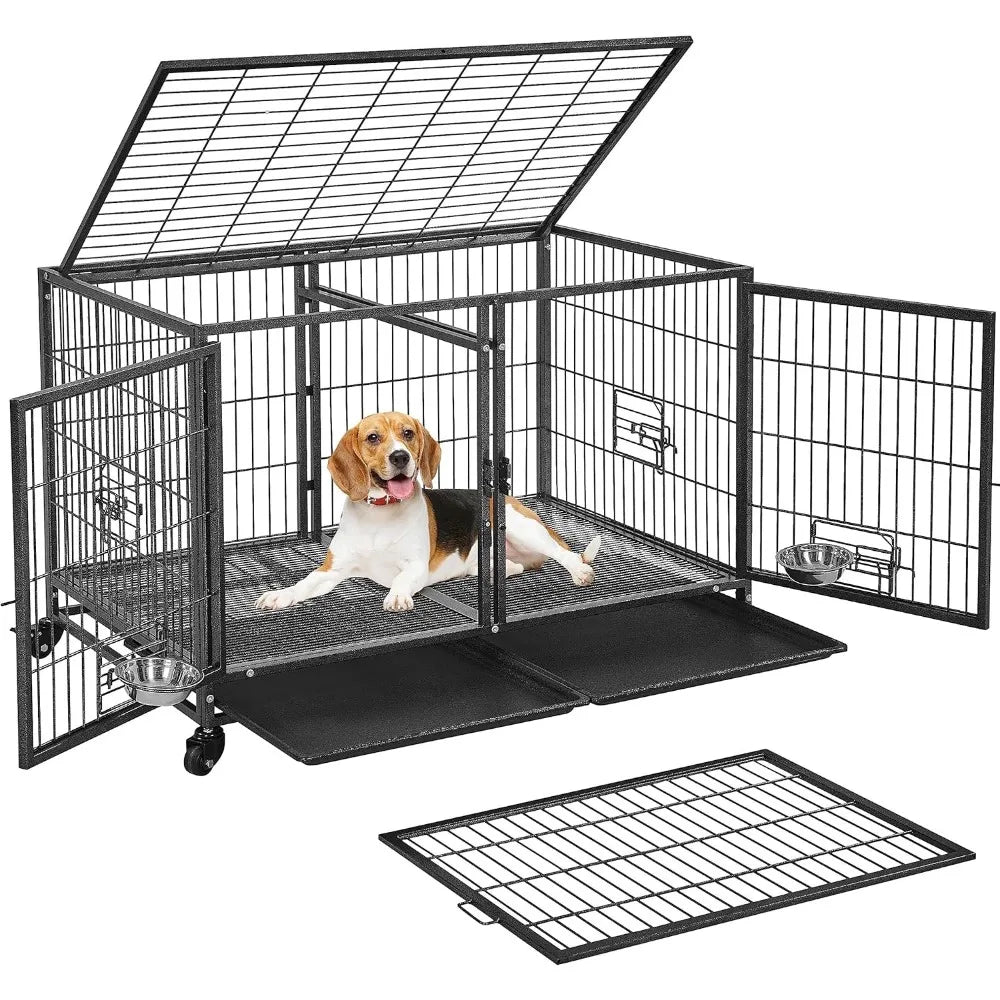 Stackable Dog Crate with Divider 43'' Rolling Heavy Duty Dog Cage with Open Top/ 2 Removable Trays for Small/Medium Dog