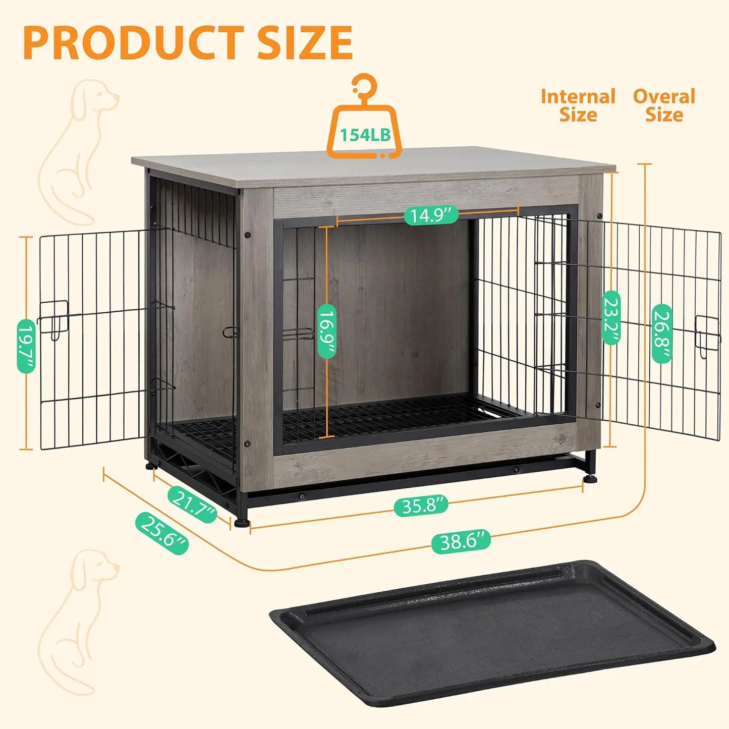 Shintenchi Wooden Dog Crate Furniture for Large Dog, L Double-Door Kennel Indoor with Removable Tray, End Table L Dog Crate for