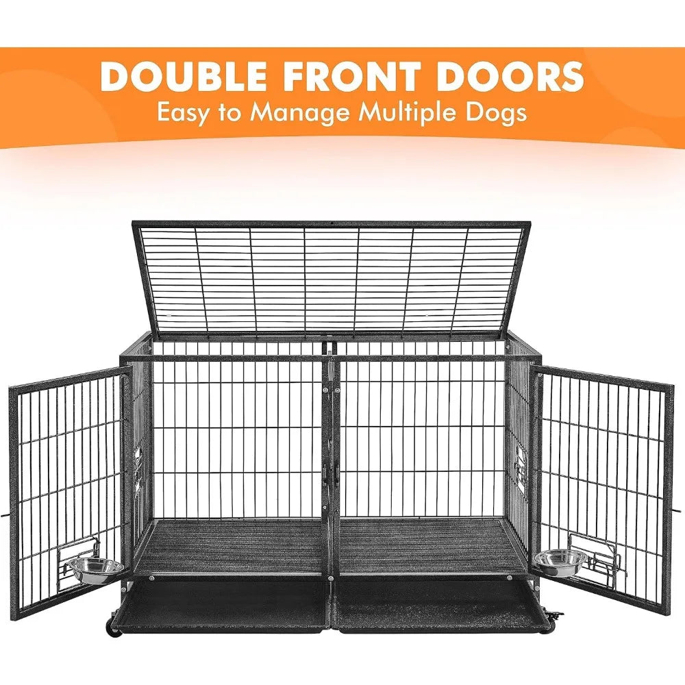 Stackable Dog Crate with Divider 43'' Rolling Heavy Duty Dog Cage with Open Top/ 2 Removable Trays for Small/Medium Dog