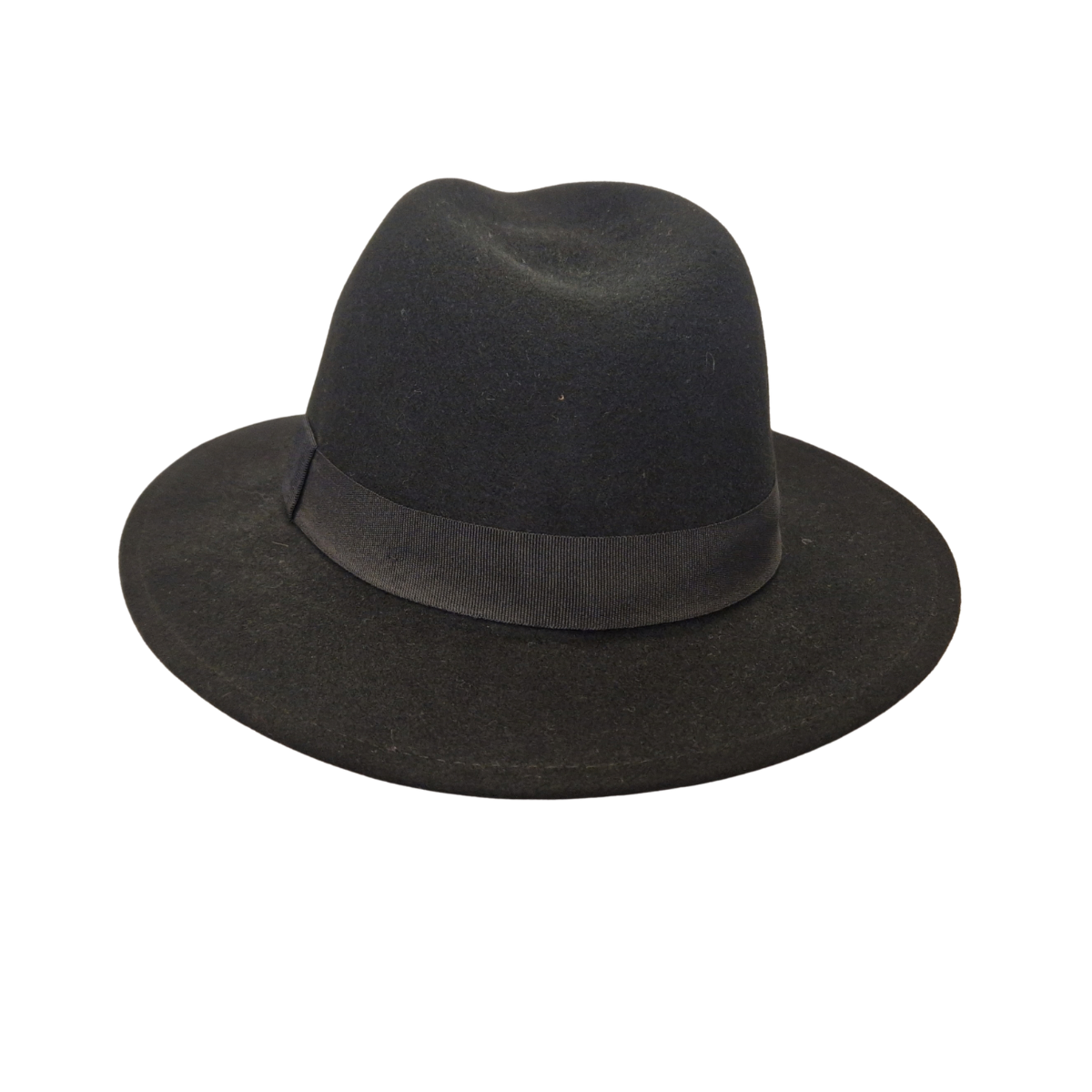 A black felt fedora hat with black ribbon band displayed on a wooden mannequin head against a plain white background. Back
