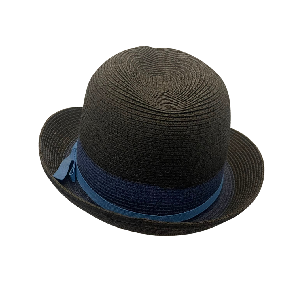 A black woven straw fedora hat with a dark blue ribbon band and bow, shown from a side angle on a plain white background.