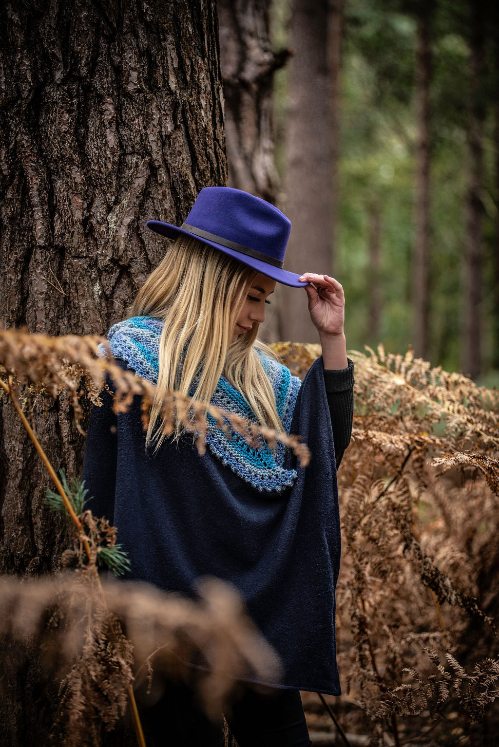 Hand Knitted Blue and Grey Open Knit Shawl