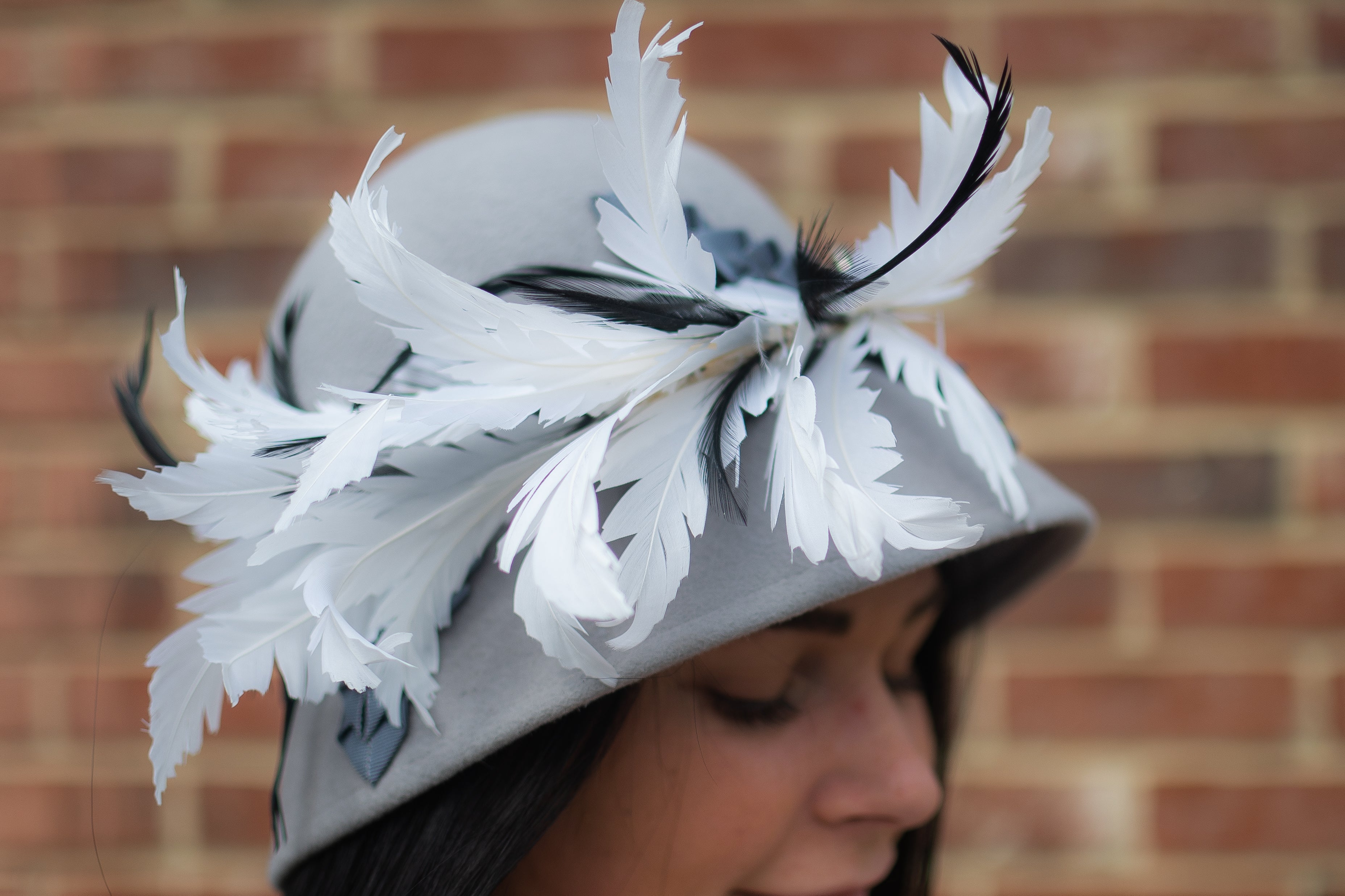 Light Grey Fur Felt Cloche Hat With Feather Mount