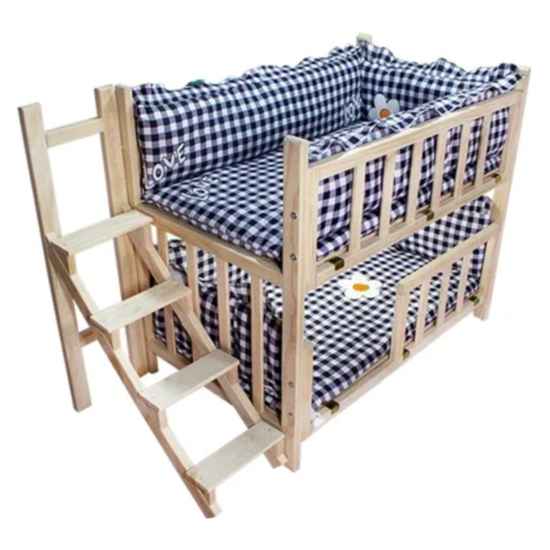 Pet bunk bed with checked navy and white upholstery