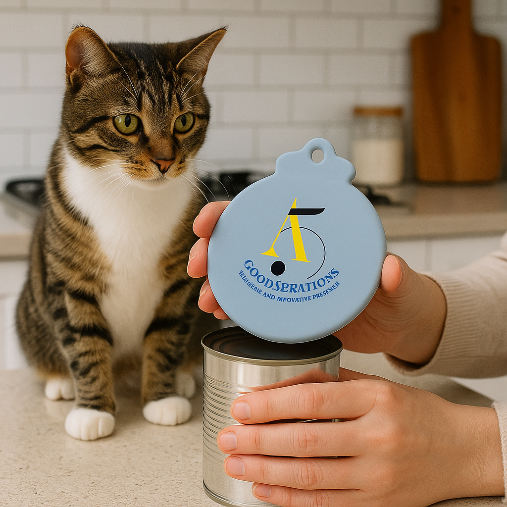 Cat looking at a can with a Good5brations can cover being put on top, held by a person in a kitchen.