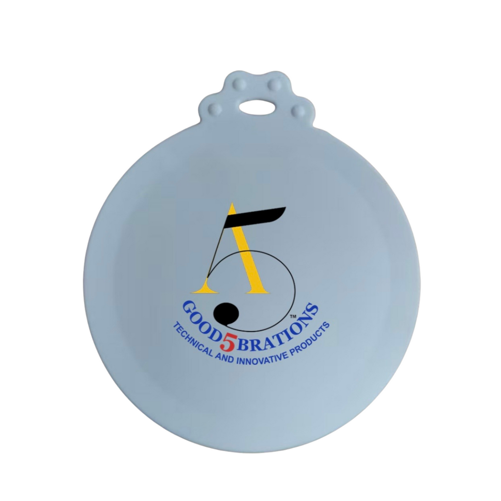 Round, white can cover with Good5brations logo on the top