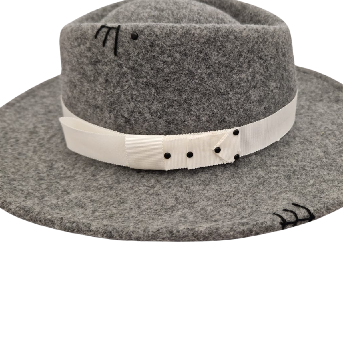 Grey Felt Fedora with Cream Trim and Black Detailing  side