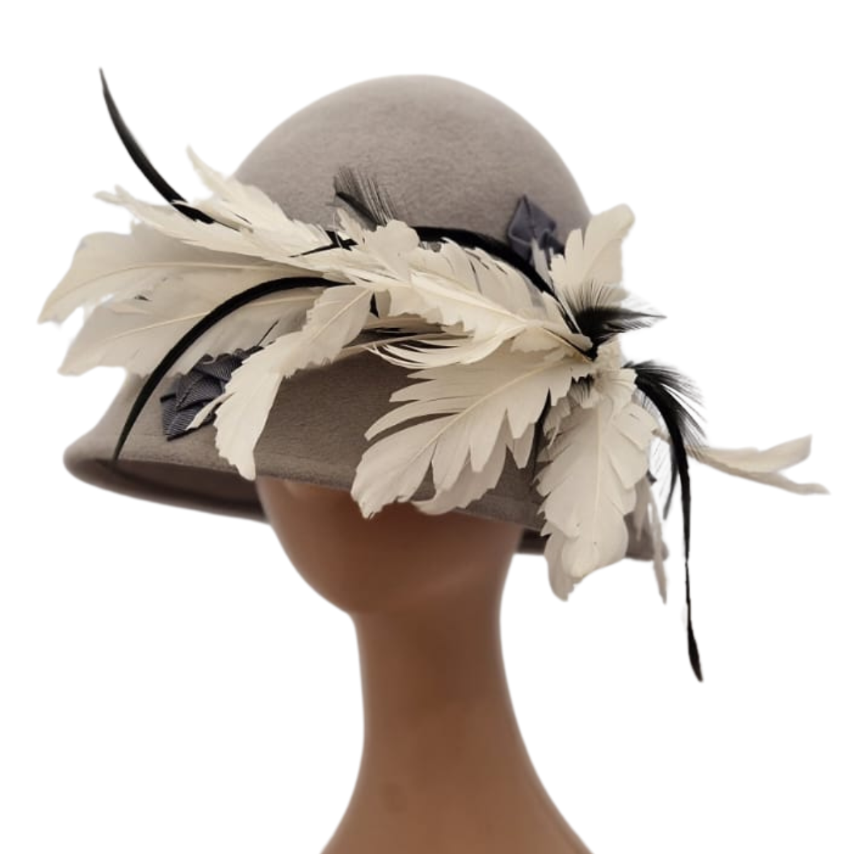 Light Grey Fur Felt Cloche Hat With Feather Mount