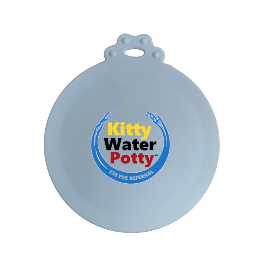 Round white can cover with Kitty Water Potty logo on the top.