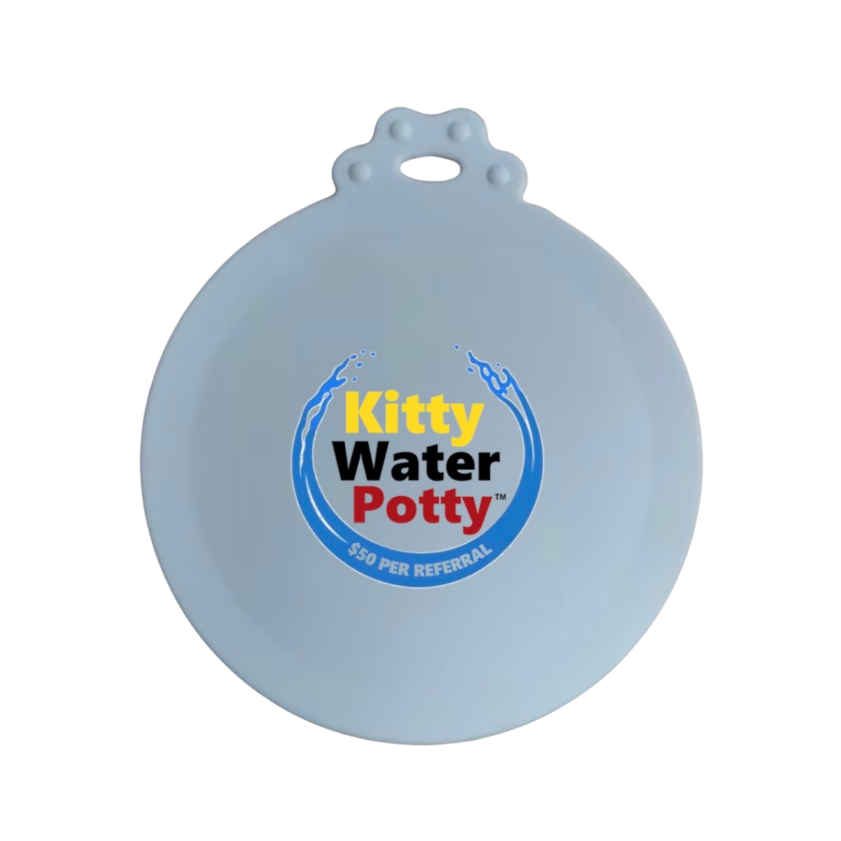 Round white can cover with Kitty Water Potty logo on the top.