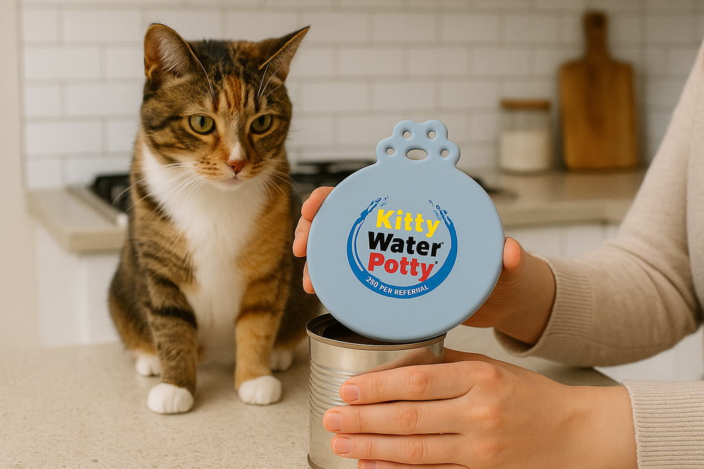 Kitty Water Potty can cover being put onto a can as her cat watches from the kitchen counter